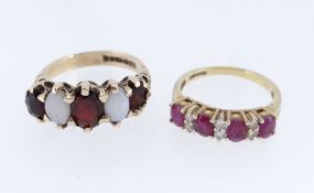 TWO GOLD RINGS comprising 9ct gold ruby and diamond chip ring, ring size J, together with 9ct gold