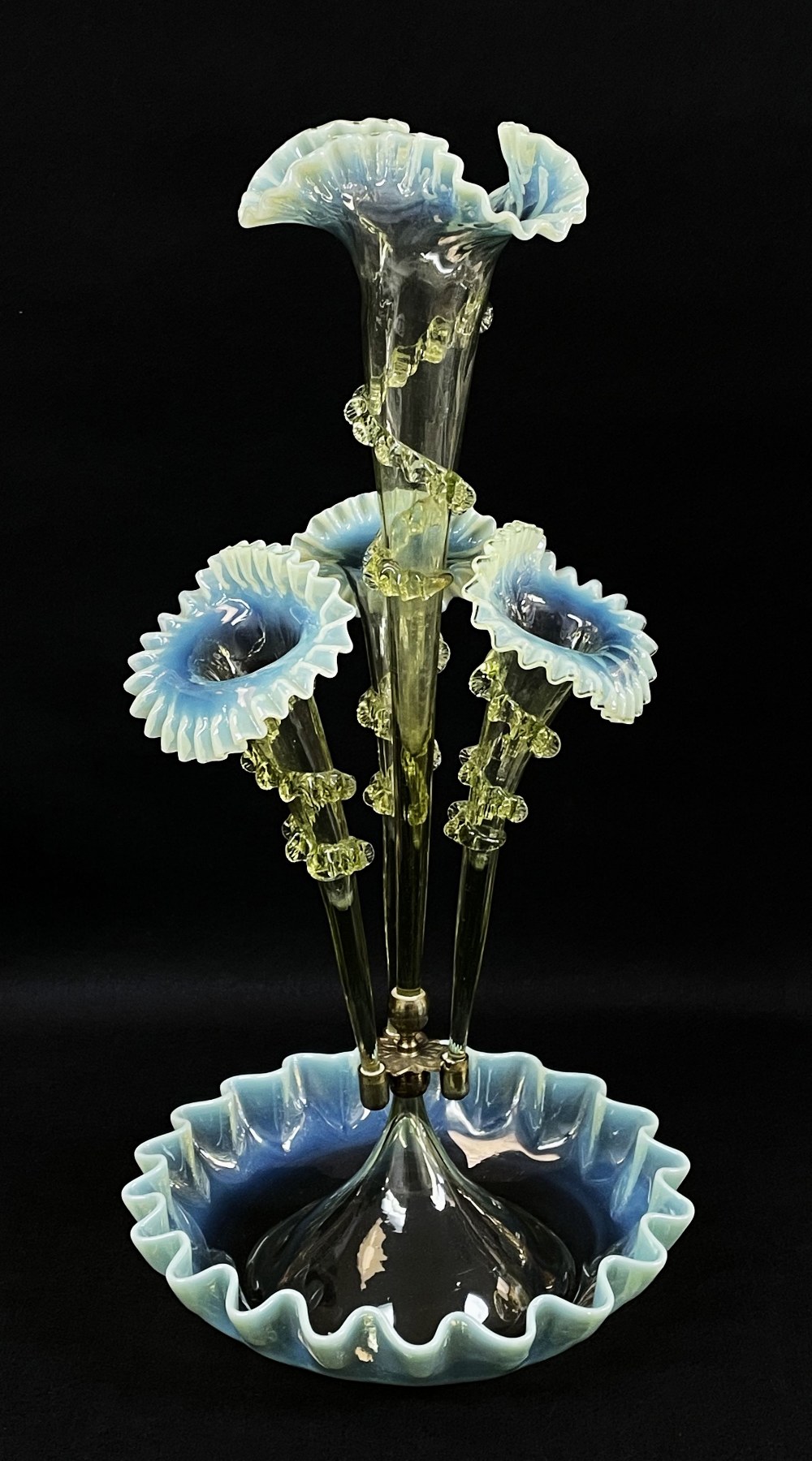 VICTORIAN GREEN OPALINE GLASS EPERGNE, central trumpet between three further below, on a circular