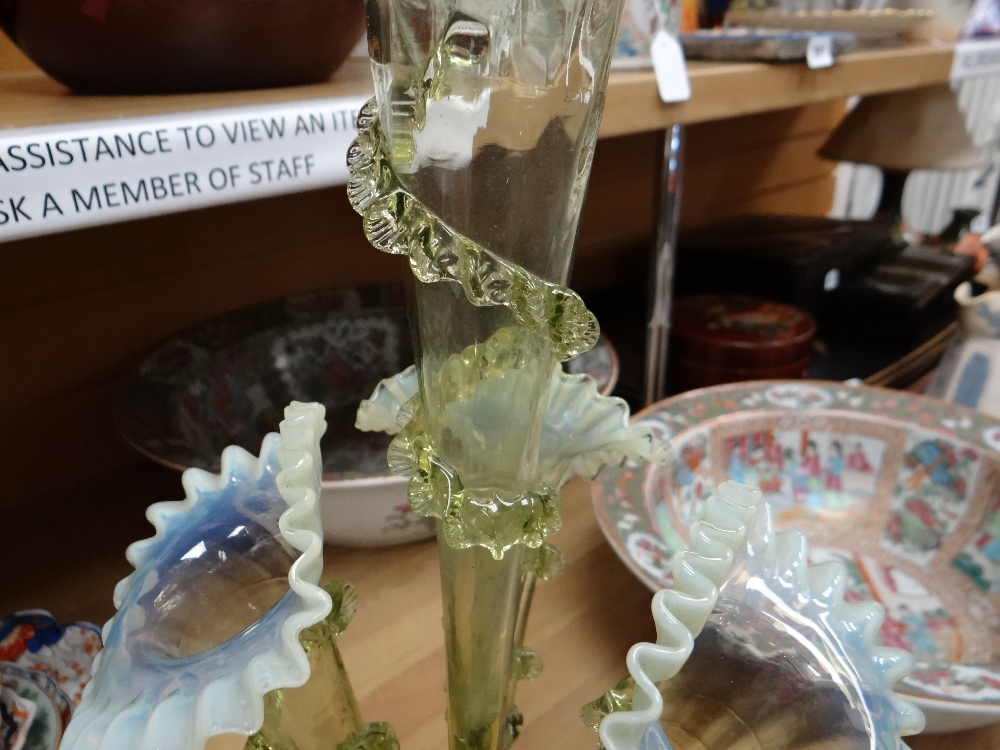 VICTORIAN GREEN OPALINE GLASS EPERGNE, central trumpet between three further below, on a circular - Image 14 of 17