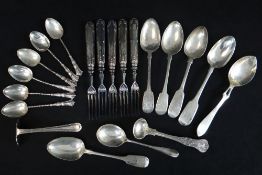 ASSORTED SILVER SPOONS & FORKS, including 6 Victorian fiddle pattern teaspoon, set 6 coffee spoons