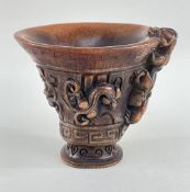 CHINESE IMMITATION RHINO HORN CARVED LIBATION CUP, decorated with chilong dragons between keyfret