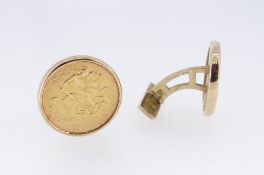 PAIR OF GOLD HALF SOVEREIGN CUFFLINKS, dated 1903 and 1914, in 9ct gold mounts, 15.9gms (2)