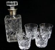 MODERN ROYAL DOULTON CRYSTAL WHISKY DECANTER SET, the decanter with silver collar (Birmingham 1975),