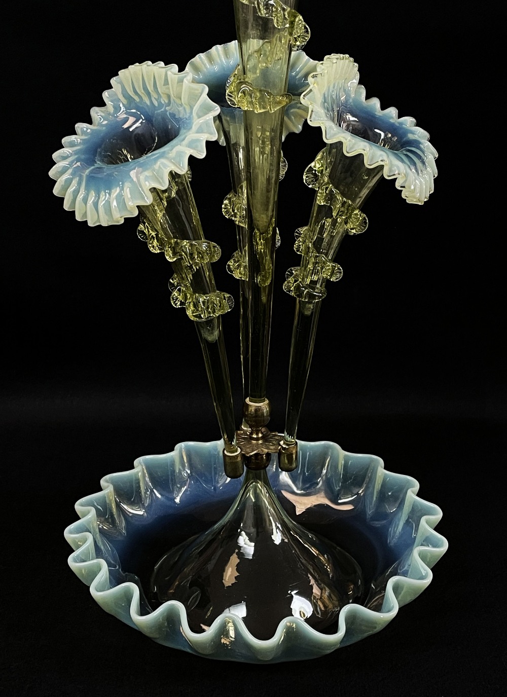 VICTORIAN GREEN OPALINE GLASS EPERGNE, central trumpet between three further below, on a circular - Image 3 of 17