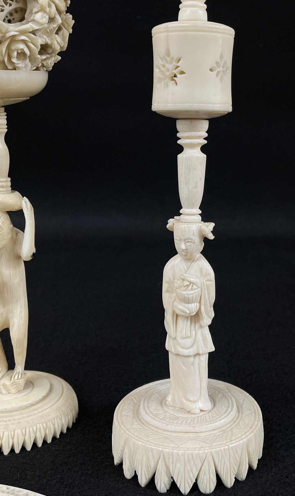 TWO CHINESE IVORY PUZZLE BALLS & PAGE TURNER, with sectional stands, one with monkey holding a - Image 4 of 5