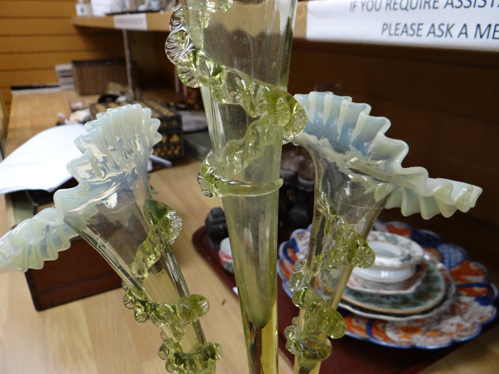 VICTORIAN GREEN OPALINE GLASS EPERGNE, central trumpet between three further below, on a circular - Image 10 of 17
