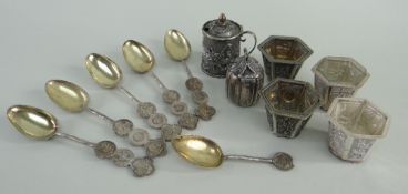ASSORTED CHINESE WHITE METAL TABLE CRUETS, including dragon mustard pot, melon mustard pot, two