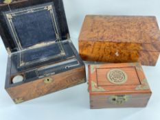 19TH CENTURY WRITING SLOPE & TWO OTHER BOXES, the walnut slope inlaid in brass, secret compartment