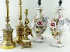 FIVE TABLE LAMPS, including a pair of Italian floral encrusted shell-moulded lamps, pair of