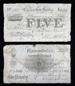 TWO WELSH FIVE POUNDS BANK NOTES, mid-19th Century