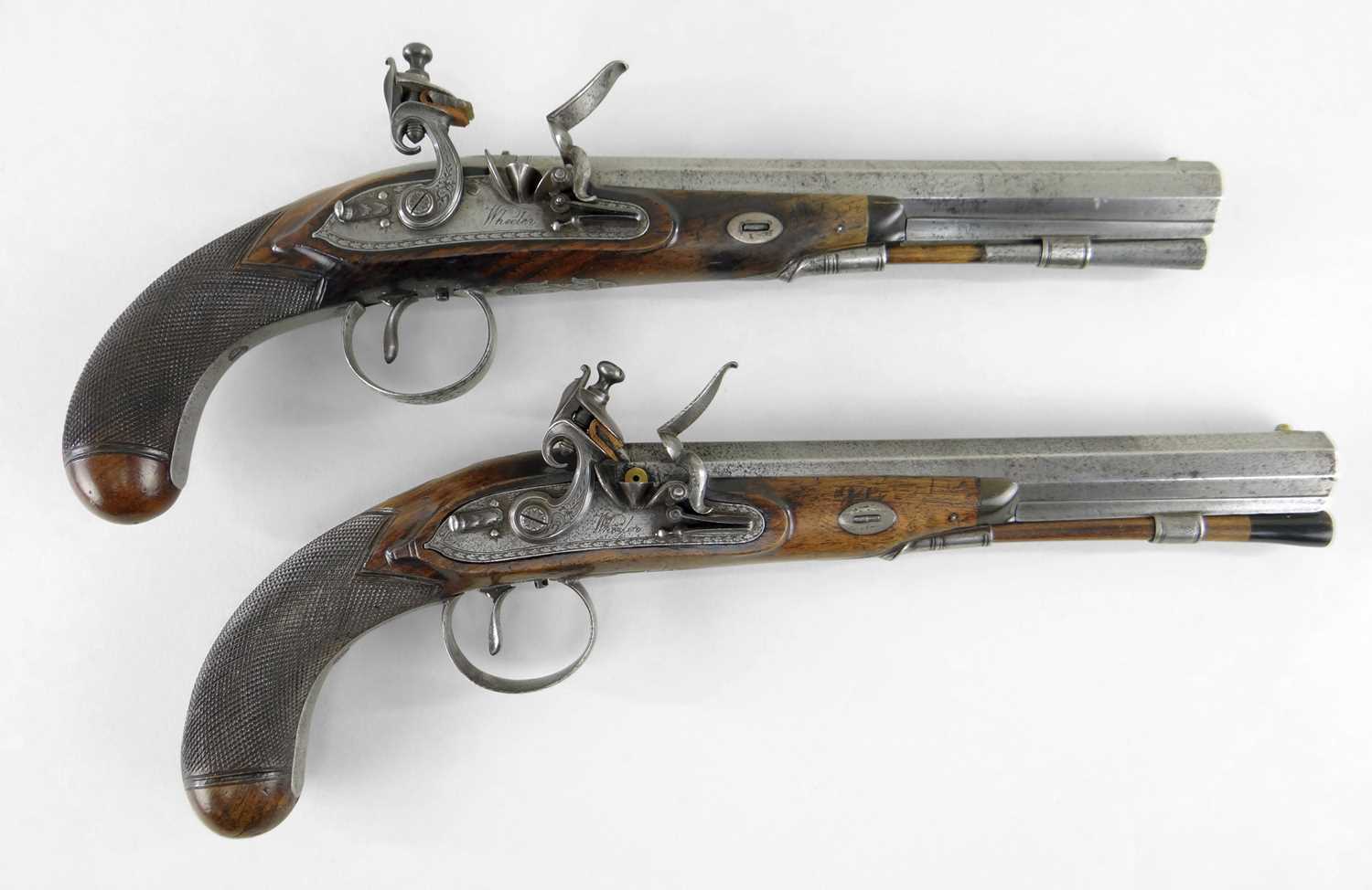 PAIR OF FLINTLOCK DUELLING PISTOLS BY WHEELER, early 19th Century