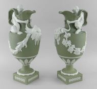 RARE PAIR OF WEDGWOOD MASTERPIECE COLLECTION SAGE JASPER WINE & WATER EWERS, late 20th Century