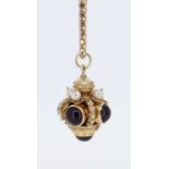 YELLOW METAL PENDANT SET WITH CABOCHON GARNETS & PEARLS