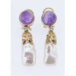 PAIR OF YELLOW GOLD AMETHYST, PEARL & DIAMOND DROP EARRINGS