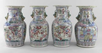 TWO PAIRS CANTON FAMILLE ROSE PORCELAIN VASES, 19th Century