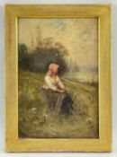 PARKER HAGARTY (1859-1934) oil on canvas - lady in bonnet seated in a sloping meadow, trees
