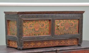 SMALL 18TH CENTURY-STYLE TIBETAN PAINTED & LACQUERED STORAGE CUPBOARD, panels decorated with flaming
