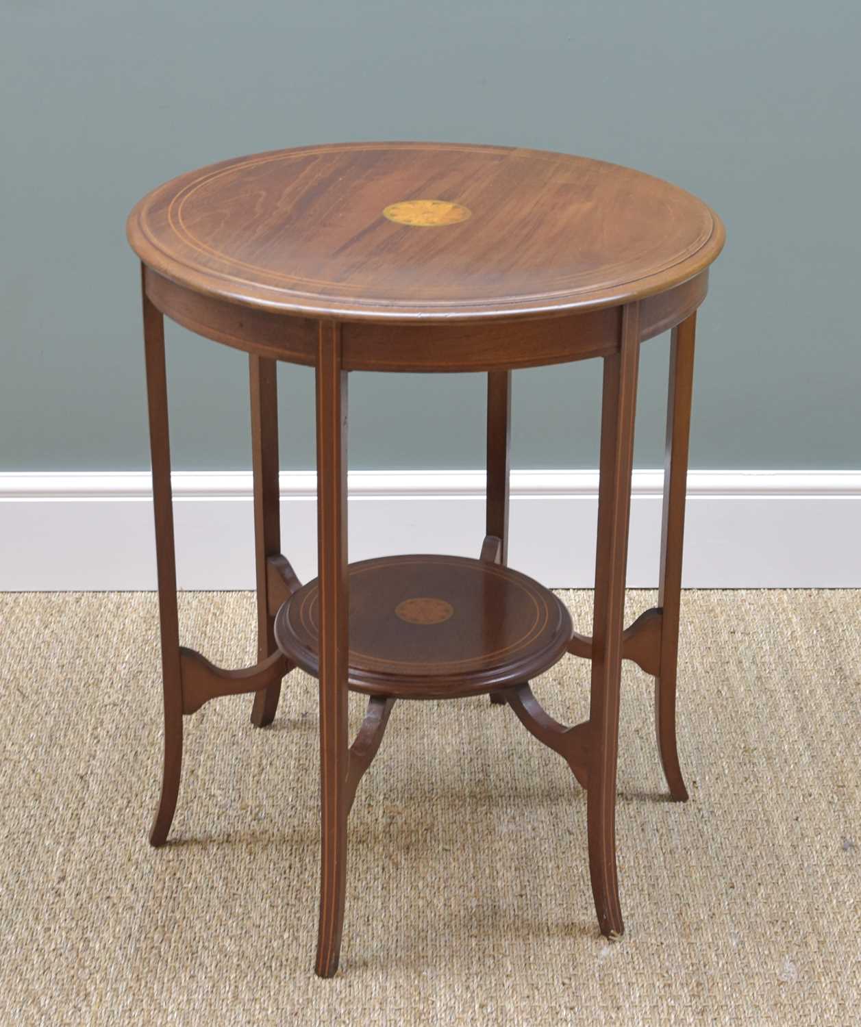 EDWARDIAN MAHOGANY MARQUETRY OCCASIONAL TABLE, satinwood crossbanded and boxwood strung, on 6 square