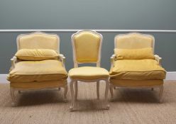 THREE MODERN LOUIS XV-STYLE PAINTED CHAIRS comprising two fauteuils with loose cushions and a side