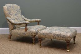 MODERN VICTORIAN-STYLE STAINED BEECH LOW ARMCHAIR & MATCHING STOOL, printed and blue floral