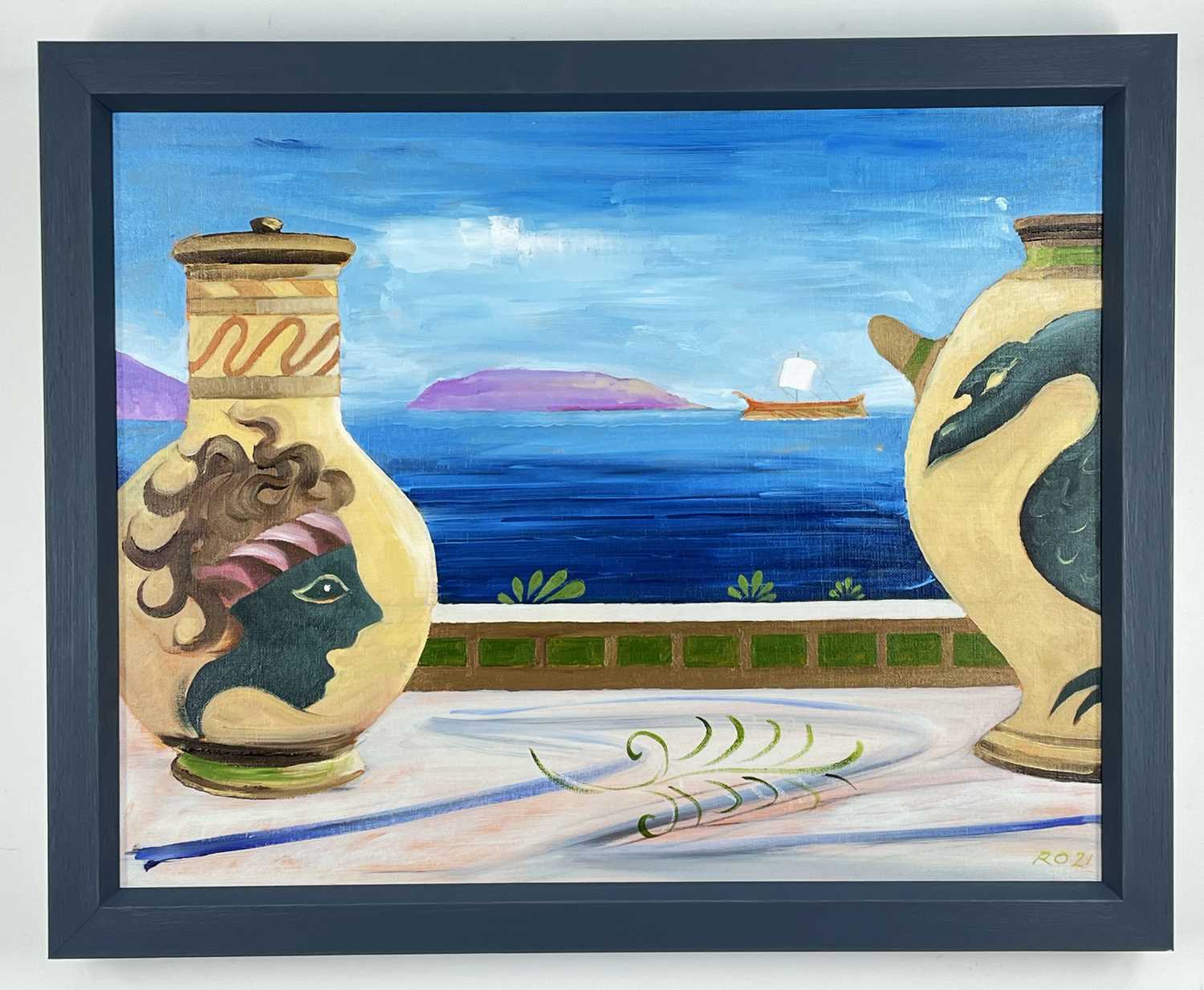 RICHARD O'CONNELL oil on canvas - two Grecian vessels on a window, signed, 2021, 38 x 49cmsComments: