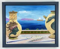 RICHARD O'CONNELL oil on canvas - two Grecian vessels on a window, signed, 2021, 38 x 49cmsComments: