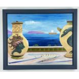 RICHARD O'CONNELL oil on canvas - two Grecian vessels on a window, signed, 2021, 38 x 49cmsComments: