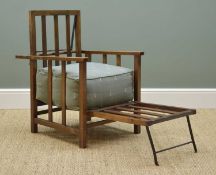 UNUSUAL MORRIS STYLE METAMORPHIC ARMCHAIR/BED, in stained beech with reclining slatted back, flat-