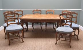 FRENCH OAK DINING SUITE, draw leaf dining table with parquet top, on shaped apron and Rococo