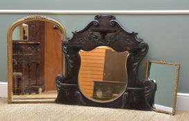 THREE DECORATIVE MIRRORS, including Rococo style ebonised overmantel with five demilune china