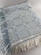 VINTAGE WELSH REVERSIBLE TAPESTRY BLANKET, white and blue ground with fringe, 232 x