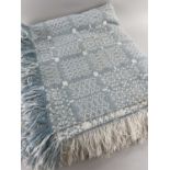 VINTAGE WELSH REVERSIBLE TAPESTRY BLANKET, white and blue ground with fringe, 232 x