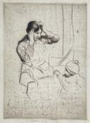 ‡ AFTER WILLIAM LEE HANKEY, drypoint etching - La Toilette, mother fixing her hair beside infant,