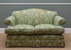 MODERN TWO-SEATER SETTEE, upholstered in green & ivory floral fabric, castors, 152cms