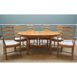 ERCOL PALE ELM DINING SUITE, comprising Saville '821' extending table with curved X-stretcher,