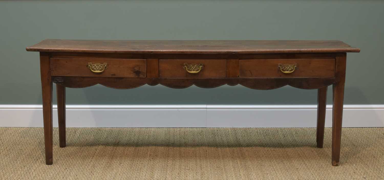 18TH CENTURY JOINED FRUITWOOD NARROW DRESSER BASE, triple boarded top above three frieze drawers and - Image 3 of 3