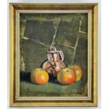 ‡ CAROLE JURY oil and collage on board - still-life of apples and vessel, entitled verso 'Copper