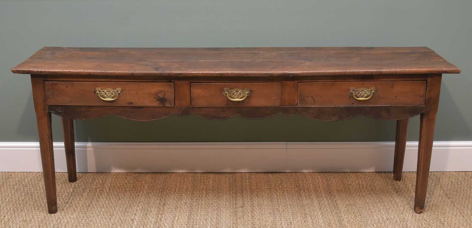 18TH CENTURY JOINED FRUITWOOD NARROW DRESSER BASE, triple boarded top above three frieze drawers and - Image 2 of 3