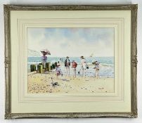 ALBERT W SMITH, watercolour - Edwardian family paddling on a beach with chalk cliffs in the