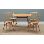 ERCOL ELM BREAKFAST TABLE, with spindle undertier,, 99cms wide and set four '391' stick back