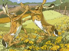 ‡ AFTER ANDREW HASLEN (b. 1953) limited edition (43/125) screenprint - Boxing Hares, signed and