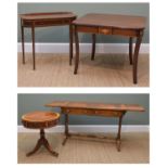 FOUR GEORGIAN-STYLE CROSS BANDED TABLES, comprising sofa table, 175 w (extended), tea table with