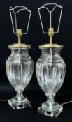 PAIR MODERN CUT GLASS URN TABLE LAMPS, fluted bodies on square socle bases, 36cm high excl.