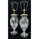 PAIR MODERN CUT GLASS URN TABLE LAMPS, fluted bodies on square socle bases, 36cm high excl.