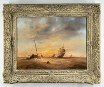 FOLLOWER OF HERMANUS KOEKOEK, oil on panel - Dutch fighing boats in choppy seas at dawn, bears