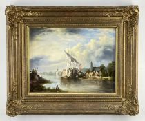 R. CAVATTA, oil on panel - 19th Century Dutch river scape with man-o-war, church and windmill,