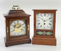 TWO MANTEL CLOCKS, comprising a mahognay cased 8-day bracket-style clock with silvered Roman chapter