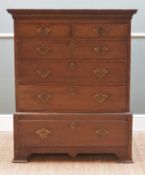 EARLY 19TH CENTURY OAK CHEST ON STAND, cavetto cornice above 2 short and 3 long graduated drawers,