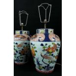 PAIR OF LARGE IMARI-STYLE PORCELAIN TABLE LAMPS, decorated in the Edo style with flowers below