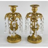 PAIR EMPIRE STYLE GILT BRONZE CANDLE LUSTRES, fleur-de-lis collars suspending cut glass drops,